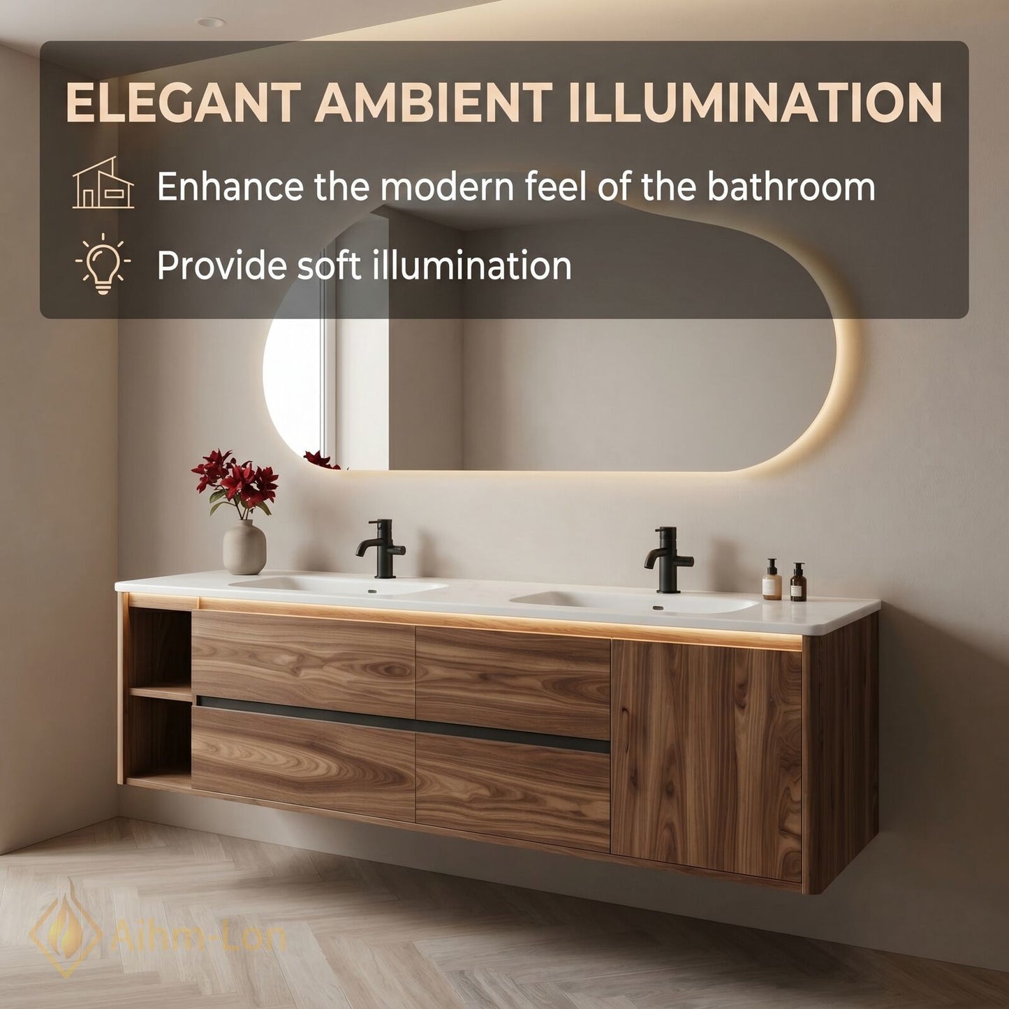 70''-96'' Modern Bathroom Vanity with Sink Floating Walnut Marble Open Side Shelves