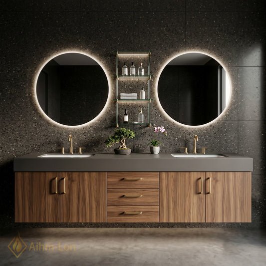 60''-96'' Double Bathroom Vanity with Sink Floating Stone-Top Dark Wood Unit Spacious