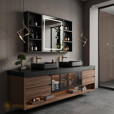 60''-96'' Double Bathroom Vanity with Sink Floating Dark Marble Top Wood Grain