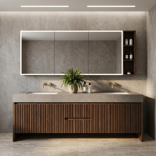 60''-96'' Double Bathroom Vanity with Sink Modern Floating Slatted Center Dark Walnut Finish