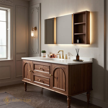 36''-64'' Single Bathroom Vanity with Sink Arched Door Panels Walnut Wood-Grain Finish