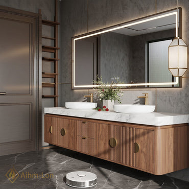 76''-96'' Double Bathroom Vanity with Sink Warm Wood Marble Top Gold Knobs