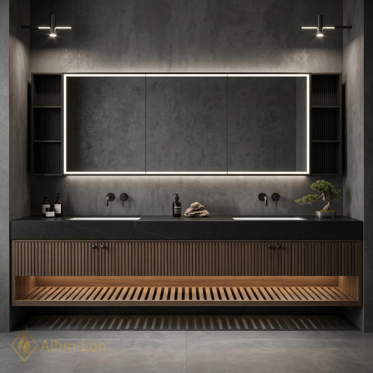 60''-96'' Double Bathroom Vanity with Sink Modern Floating Slatted Wood Dark Stone