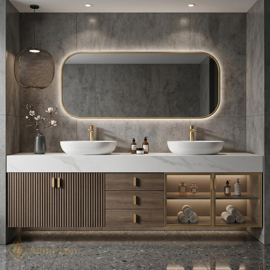 74''-96'' Double Bathroom Vanity with Sink Modern Floating Doors Glass Storage Open