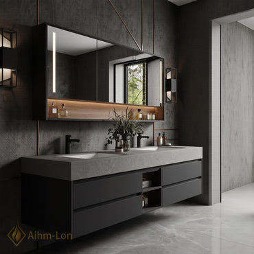 60''-96'' Double Bathroom Vanity with Sink Floating Dark Matte Stone Central Shelving
