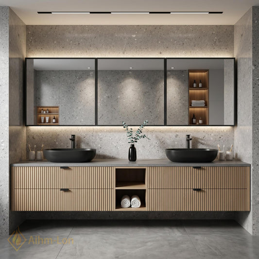 60''-96'' Double Bathroom Vanity with Sink Floating Double Slatted Wood Grey Center
