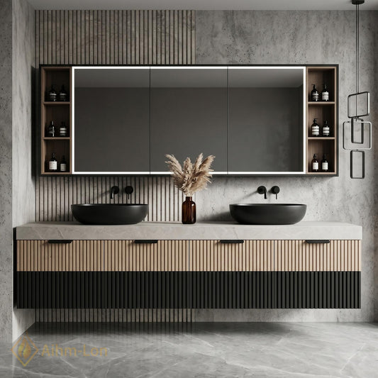 60''-96'' Double Bathroom Vanity with Sink Floating Stone-Like Countertop Two-Tone Vertical Slats