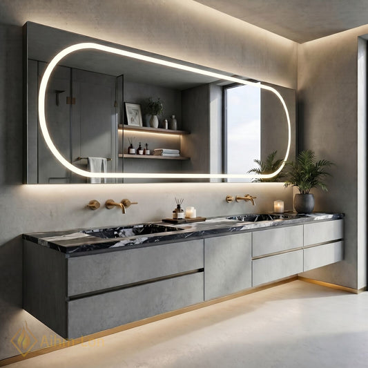 60''-96'' Floating Bathroom Vanity with Sink Double Basin Gray Textured Panels Round Mirror