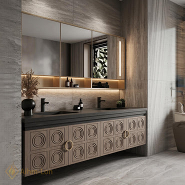 60''-96'' Double Bathroom Vanity with Sink Floating Geometric Relief Panels Shelf Storage