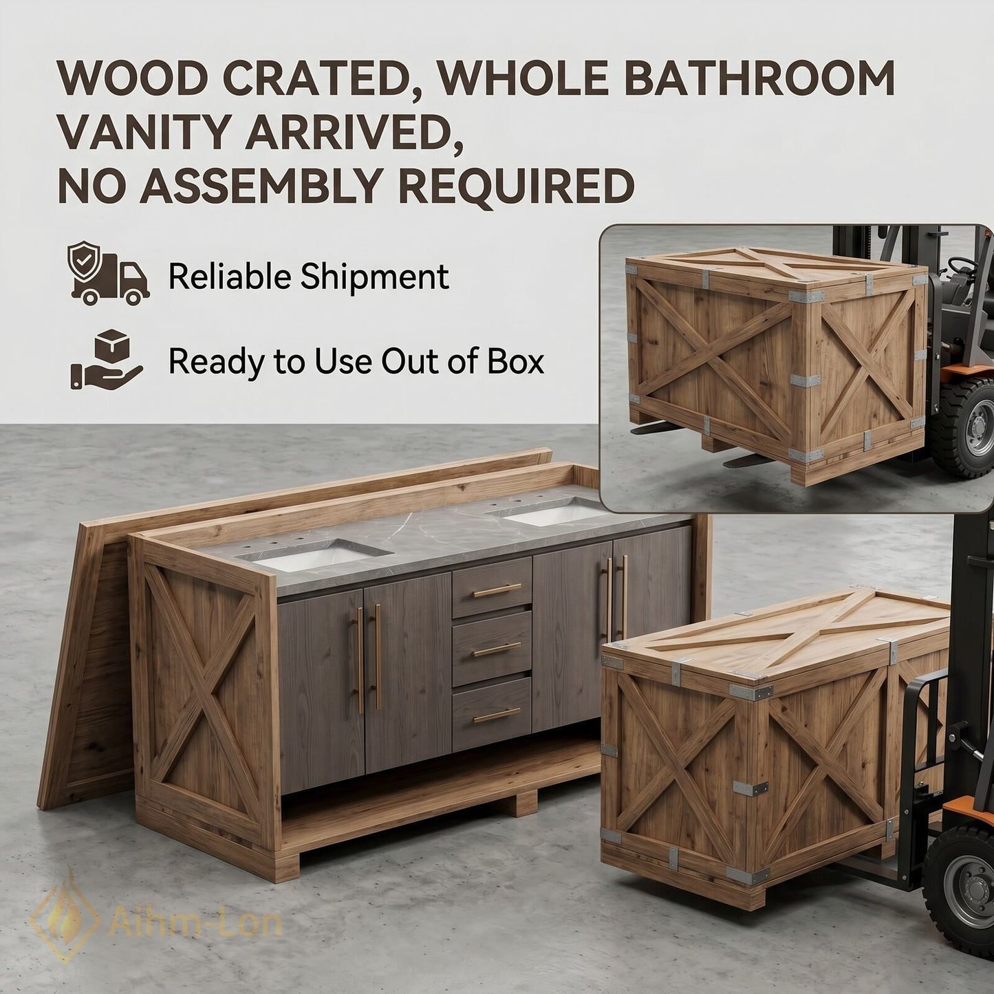 60''-96'' Modern Bathroom Vanity with Sink Wood Grain Oval Mirrors Open Center Storage