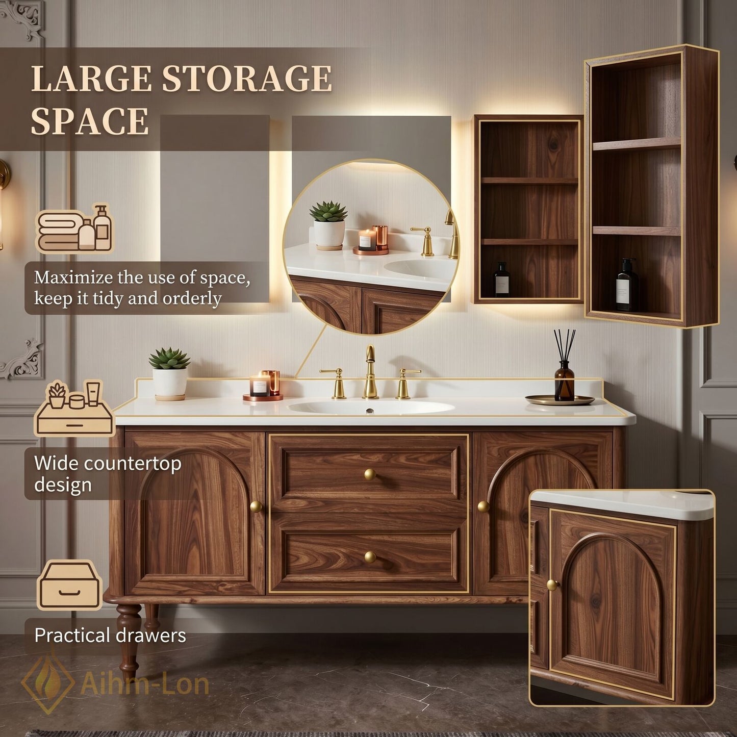 36''-64'' Single Bathroom Vanity with Sink Arched Door Panels Walnut Wood-Grain Finish