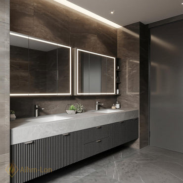 60''-96'' Bathroom Vanity with Sink Floating Stone Top Slatted Front Mirror Cabinets