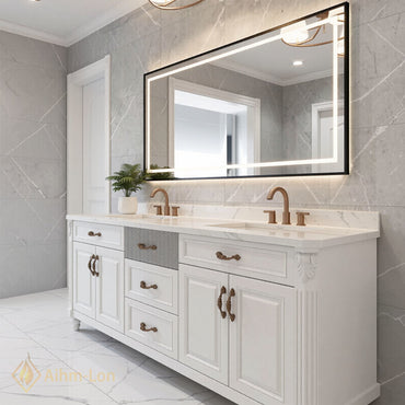 72''-96'' Modern Bathroom Vanity with Sink White Stone Textured Gray Drawer Cabinet