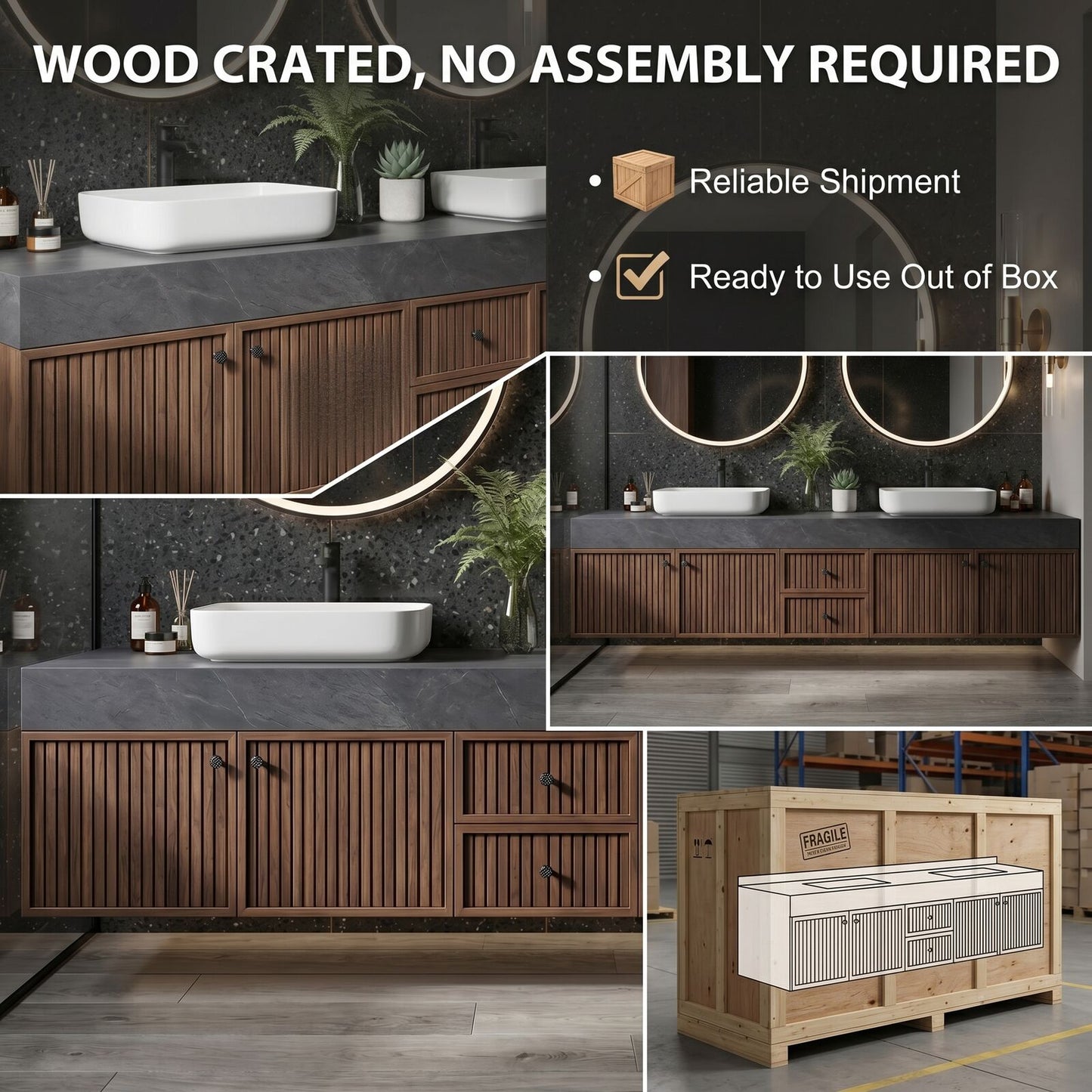 60''-96'' Modern Bathroom Vanity with Sink Dark Stone Slatted Wood Drawers Cabinet