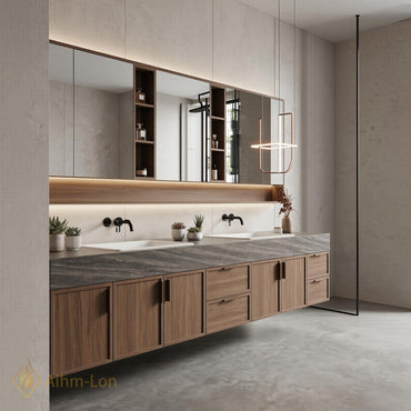 76''-96'' Modern Floating Bathroom Vanity with Sink Warm Wood Grain Wide Counter