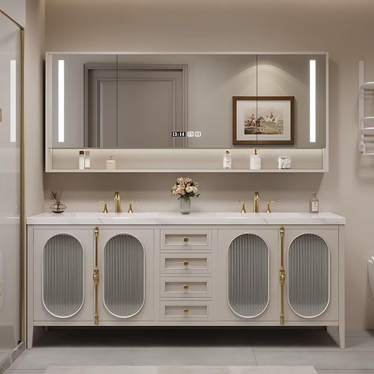 58"-96"Modern Bathroom Vanity Includes Fine Copper Metal Texture Handle & Striped Glass Door Storage