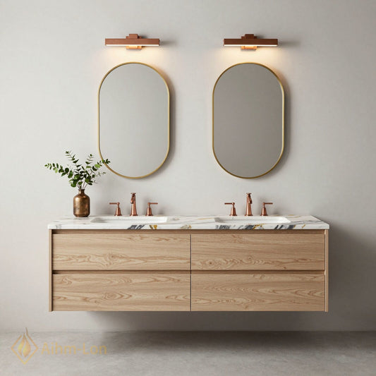 60''-96'' Modern Bathroom Vanity with Sink Floating Wood Grain White Marble Gold Mirror