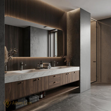76''-96'' Double Bathroom Vanity with Sink Dark-Walnut Slatted-Panel Elegant Finish