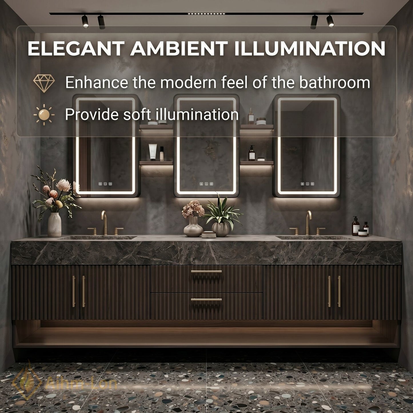 78''-96'' Double Bathroom Vanity with Sink Vertical Slat Wood Panels Dark Marble