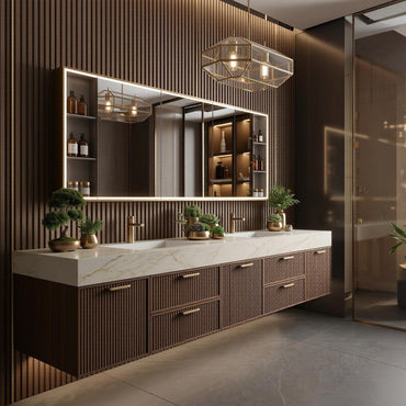 60''-96'' Modern Floating Bathroom Vanity with Sink White Marble-Look Slatted Front Panels