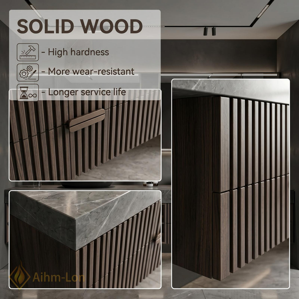 60''-96'' Double Bathroom Vanity with Sink Dark Stone Slatted Front Wide Shelving