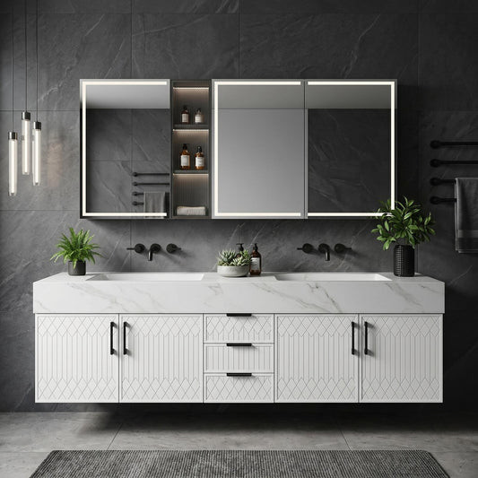 60''-96'' Double Bathroom Vanity with Sink Modern Floating Geometric Panel Marble-Style Top