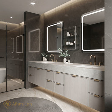 76''-96'' Double Bathroom Vanity with Sink Grey Floating Modern Wood-Grain Mirror-Cabinet Vanities