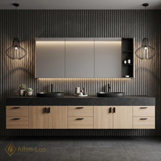 60''-96'' Double Bathroom Vanity with Sink Floating Light Oak Dark Stone Top
