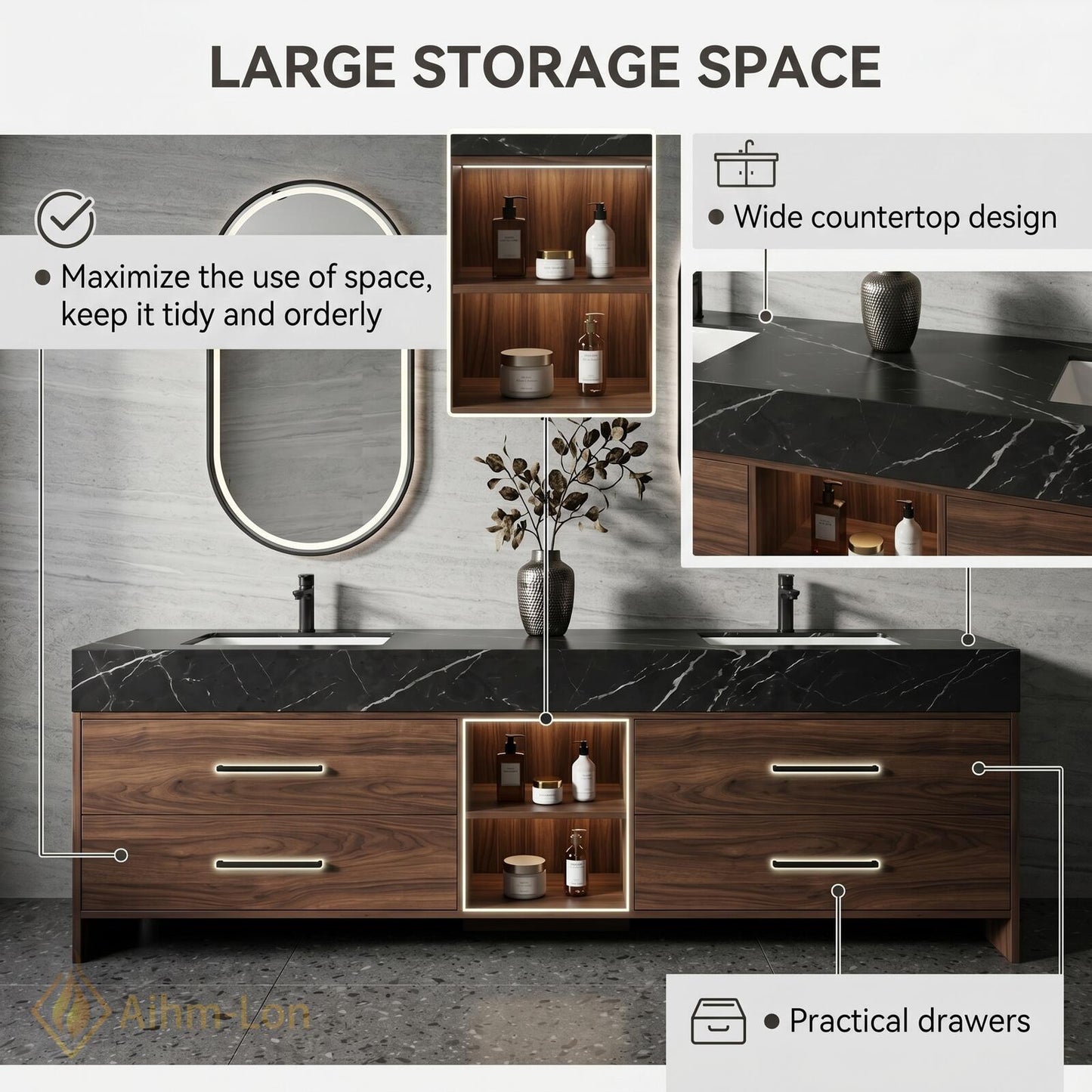 60''-96'' Double Bathroom Vanity with Sink Dark-Walnut Modern Floating Slatted Center Panel