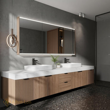 70''-96'' Elegant Double Bathroom Vanity with Sink Floating Wood Texture Slatted Open