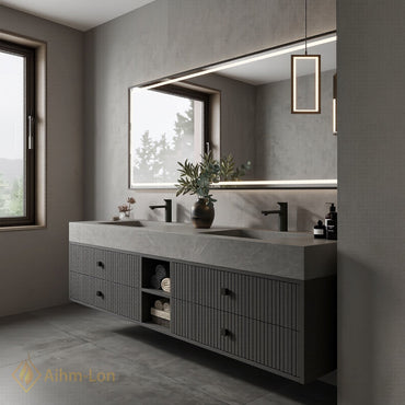 60''-96'' Double Bathroom Vanity with Sink Grey Floating Modern Stone-Top Vertical Grooved