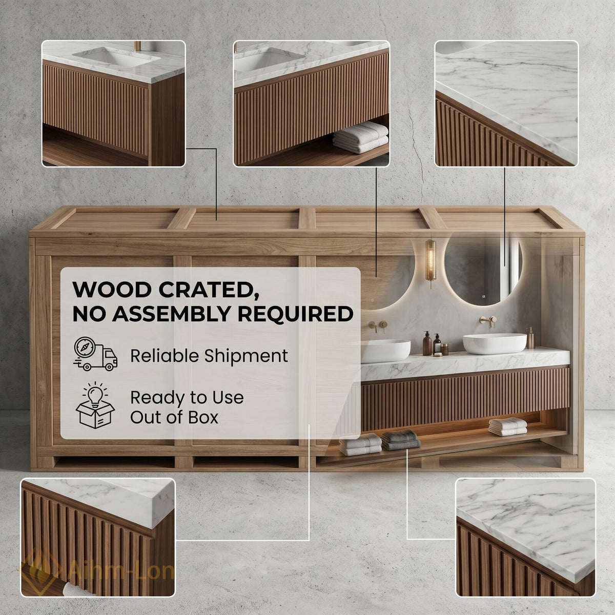 60''-96'' Double Bathroom Vanity with Sink Double Sinks Slatted Wood Panel Shelving
