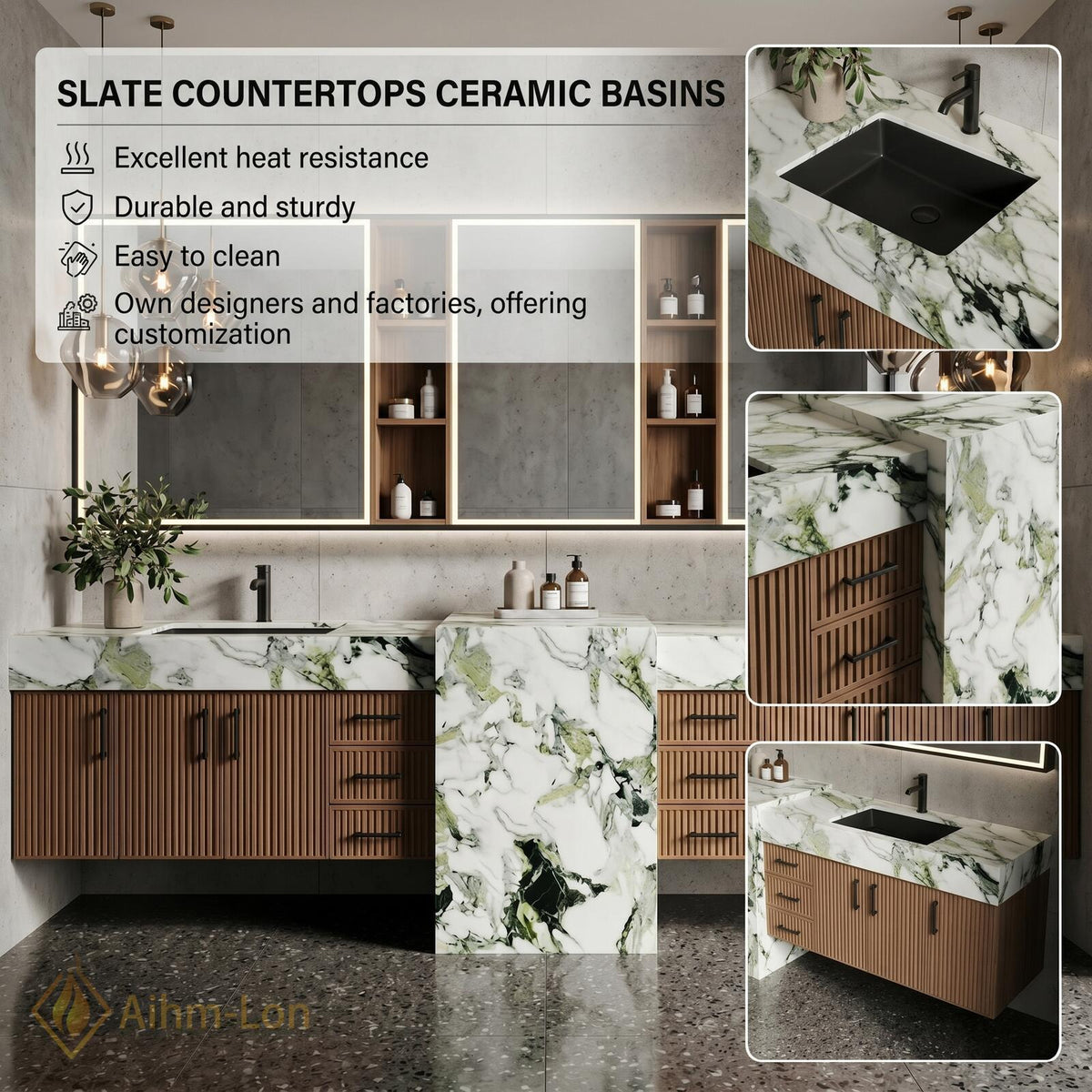 60''-96'' Double Bathroom Vanity with Sink Green Veined Marble Slatted Wood Panels