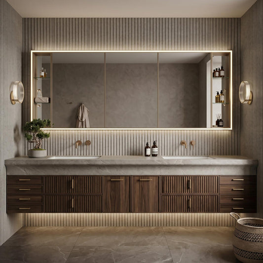 60''-96'' Double Bathroom Vanity with Sink Modern Floating Ribbed Cabinet Rich Timber Finish