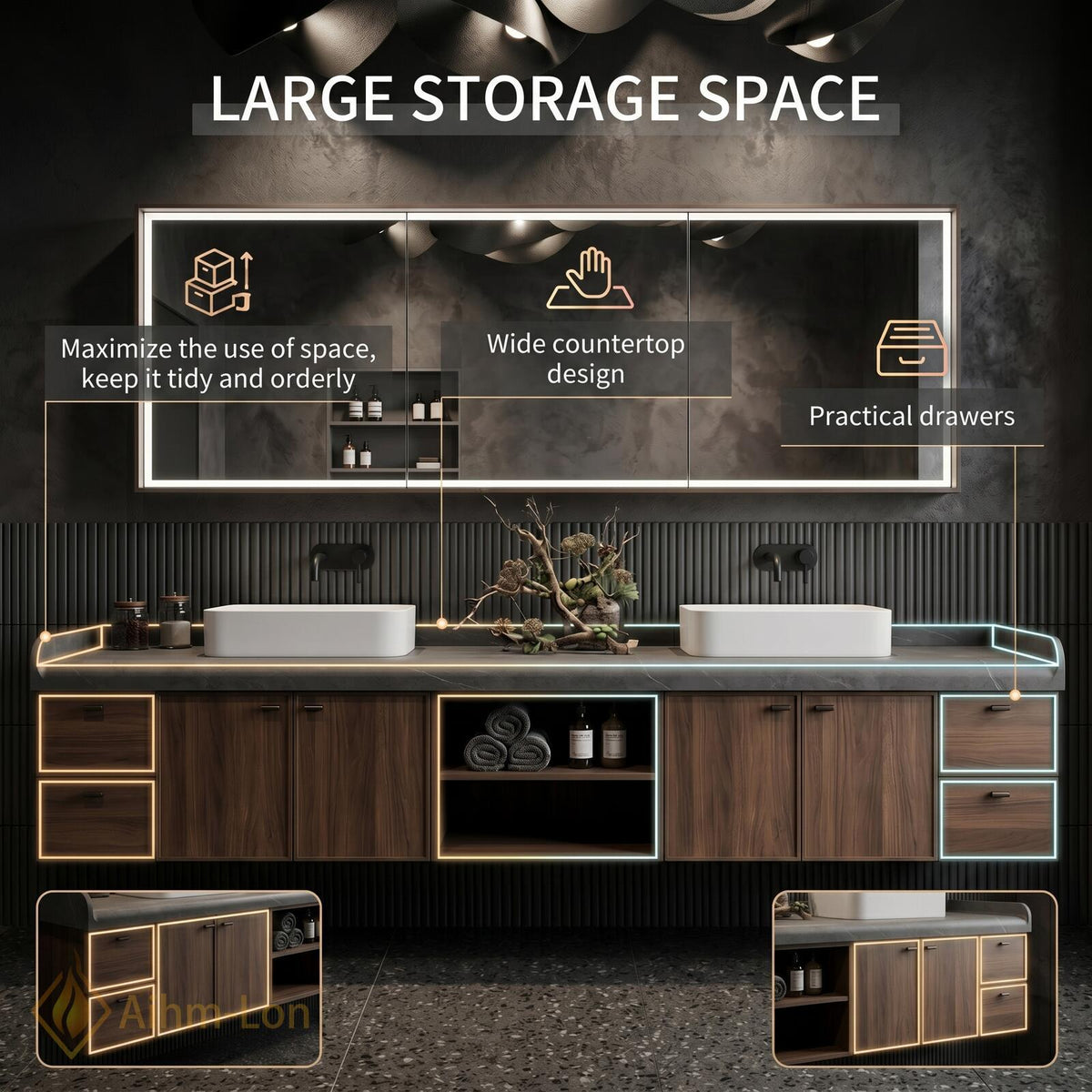 60''-96'' Double Bathroom Vanity with Sink Modern Floating Dark Wood Grain Open Shelving