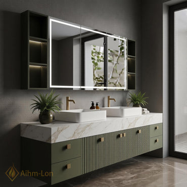 76''-96'' Bathroom Vanity with Sink Floating Double Slate Green Open Shelving Fluted