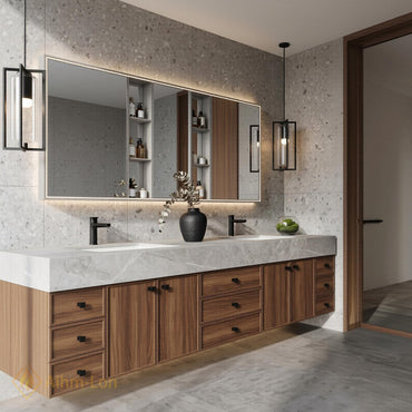 60''-96'' Double Bathroom Vanity with Sink Modern Floating Gray Stone Top Dark