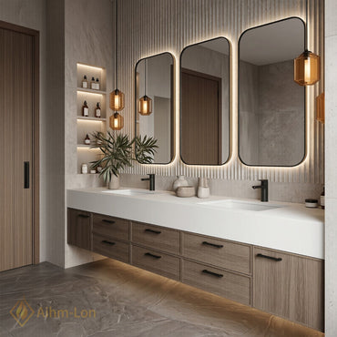76''-96'' Double Bathroom Vanity with Sink Warm Wood Frame Wide White Top