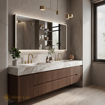 60''-96'' Double Bathroom Vanity with Sink Modern Floating Dark Wood Slats Marble Top