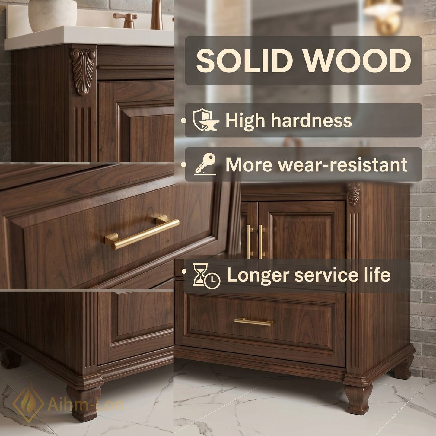 70''-96'' Modern Bathroom Vanity with Sink Dark Wood Rectangular Base Gold Drawers
