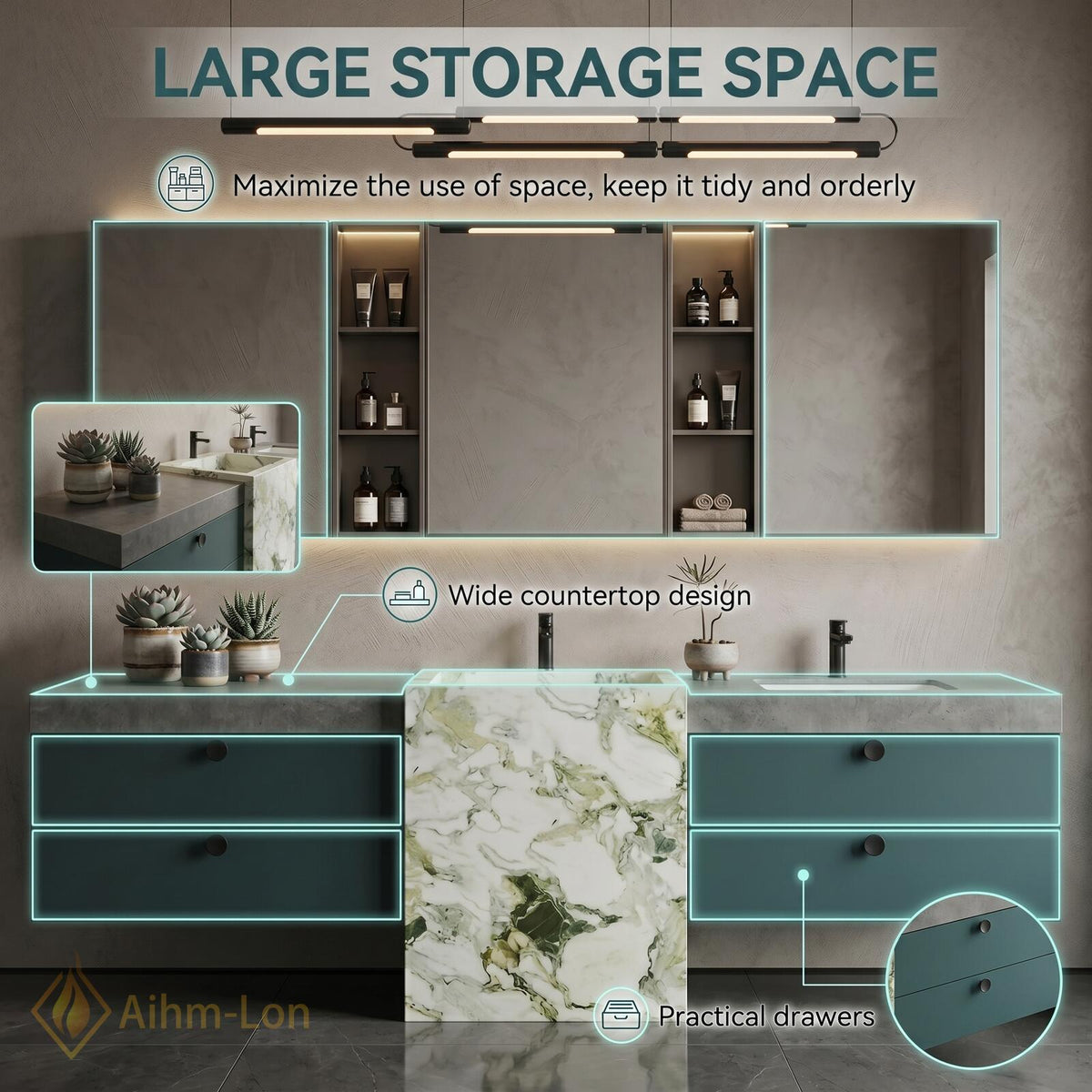 60''-96'' Double Bathroom Vanity with Sink Marble Slab Divider Floating Teal Drawers