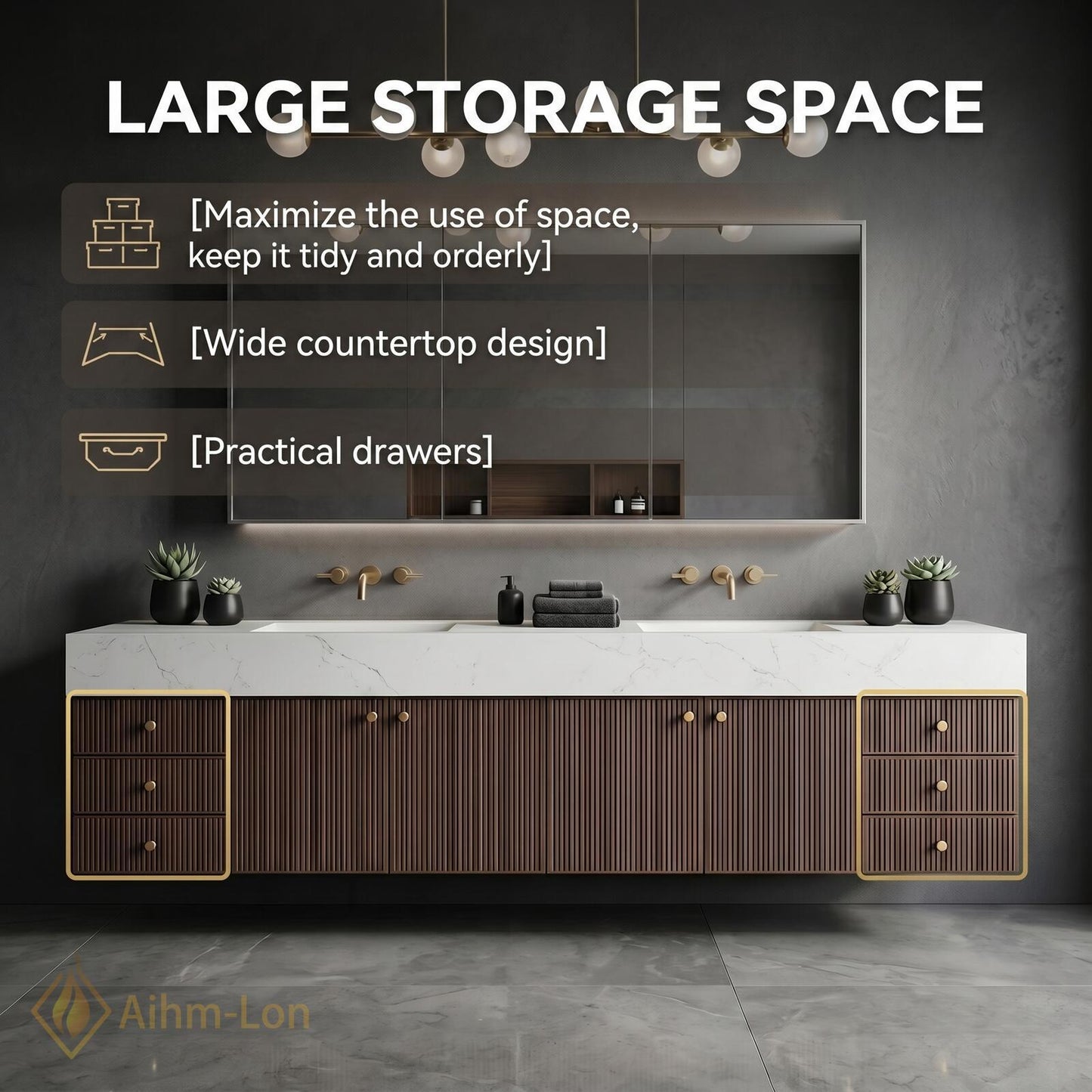 72''-96'' Double Bathroom Vanity with Sink Modern Floating Panels Marble-Top Setup