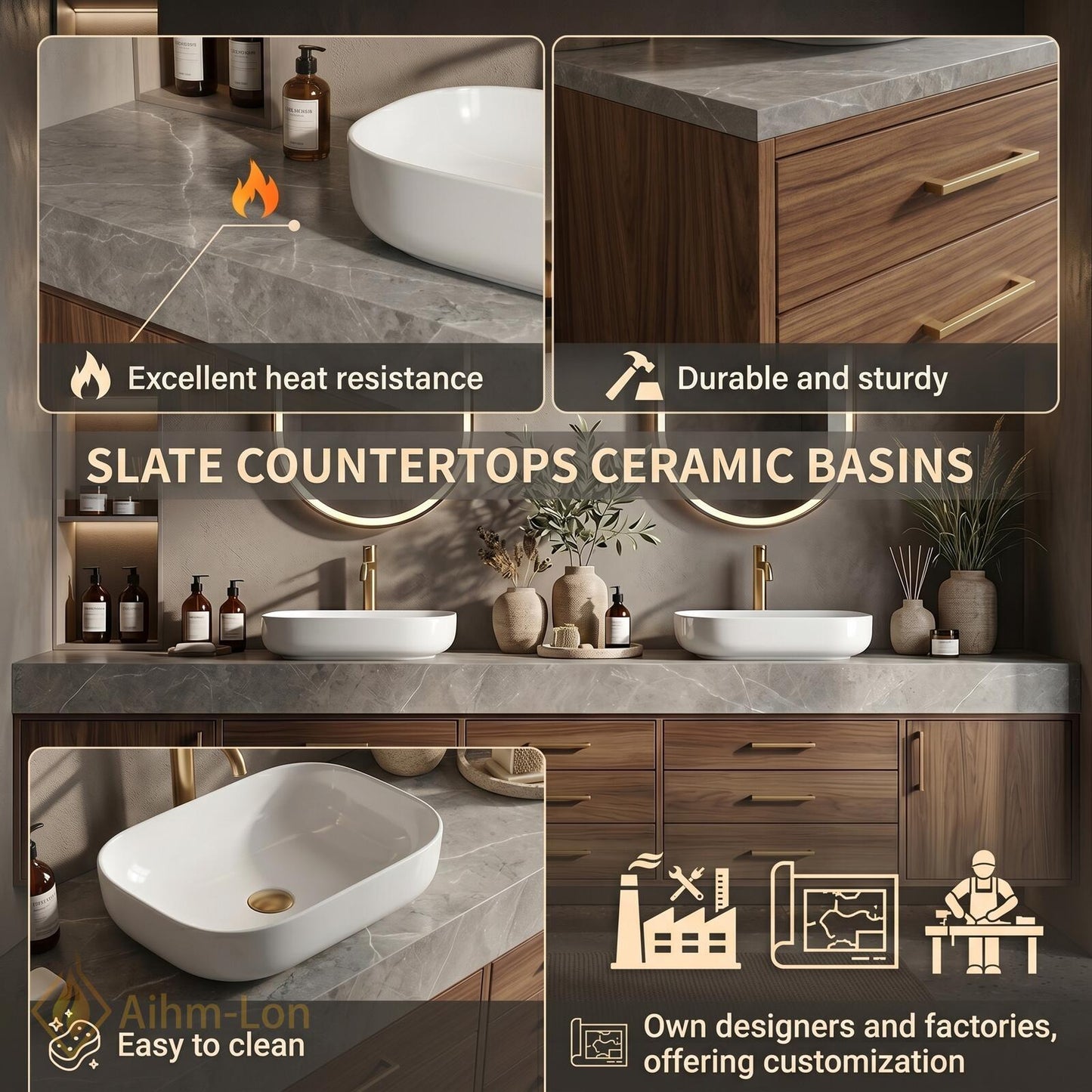 76''-96'' Double Bathroom Vanity with Sink Warm-Walnut Modern Floating Drawers Storage