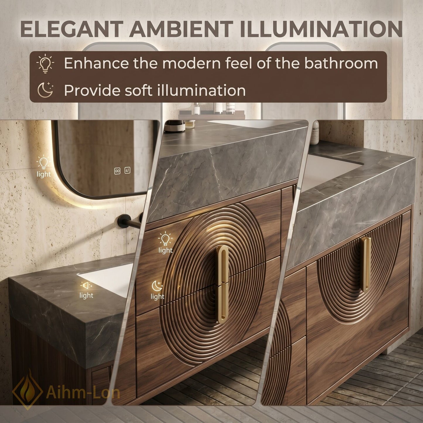 60''-96'' Double Bathroom Vanity with Sink Grey Stone-Top Vanities Carved Circular Wood