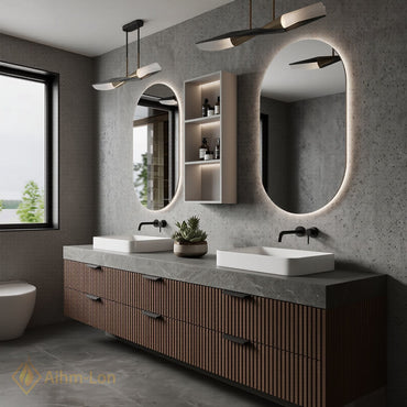 60''-96'' Double Bathroom Vanity with Sink Modern Open-Shelving Vertical Slat Paneling Dark