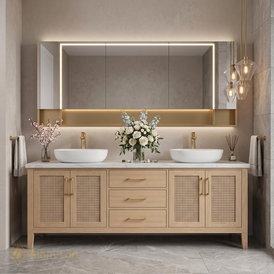 60''-96'' Double Bathroom Vanity with Sink Rattan Fronts Light Oak Frame Storage
