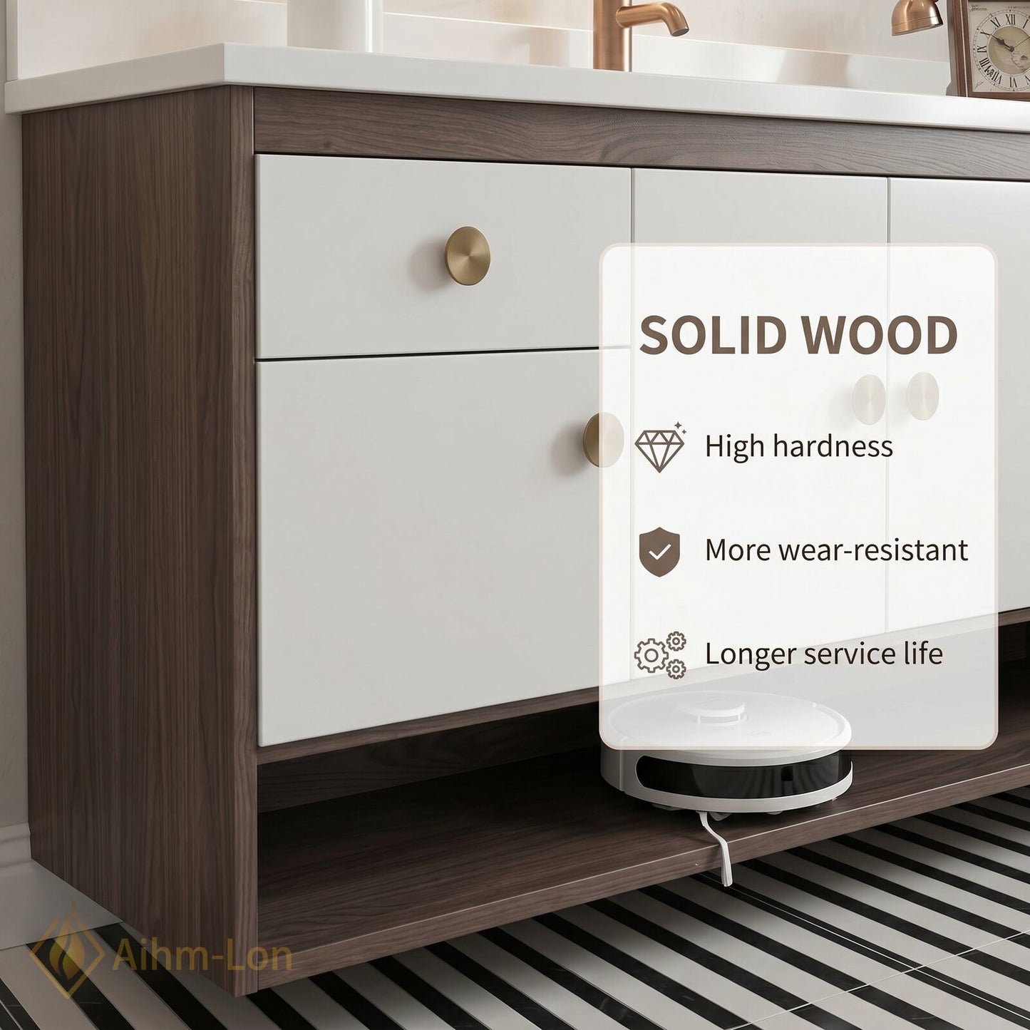48''-64'' Modern Bathroom Vanity with Sink Floating White Sliding Doors Open Shelf