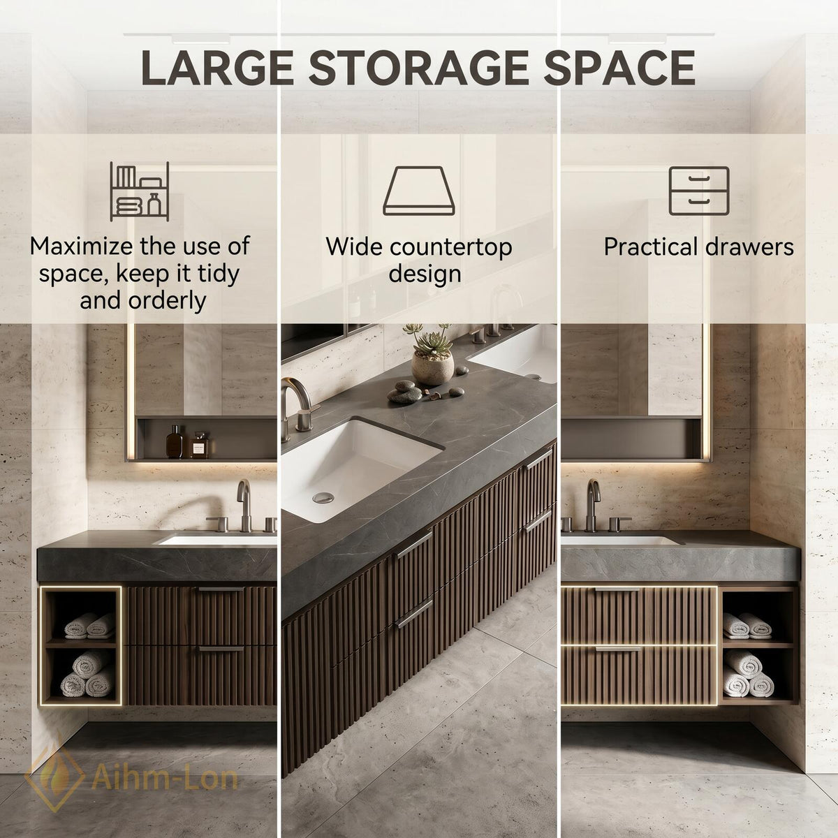 78''-96'' Bathroom Vanity with Sink Floating Vanity Walnut Finish Slatted Front Dark