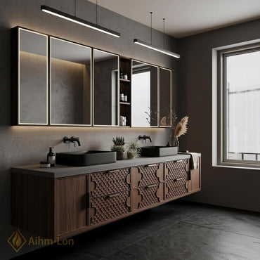 60''-96'' Double Bathroom Vanity with Sink Carved Lattice Drawers Dark Wood Wide Storage