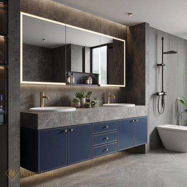 60''-96'' Double Bathroom Vanity with Sink Modern Floating Dark Blue Painted Finish